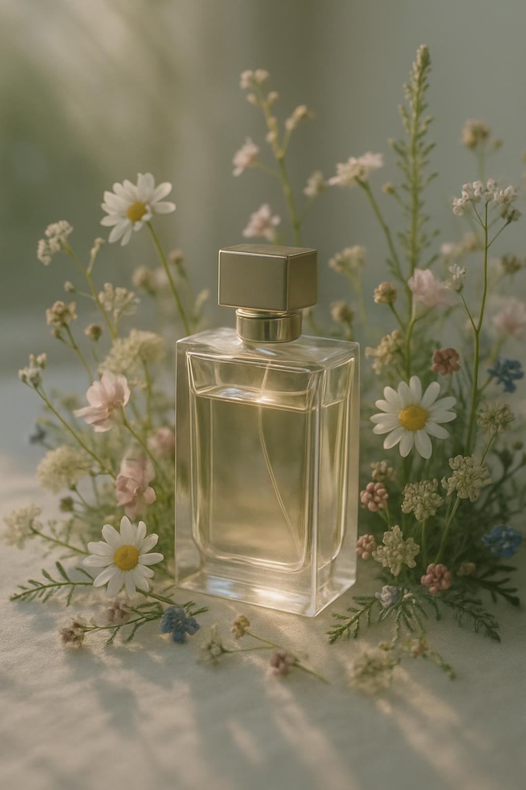 A rectangular glass bottle of enchanting perfume script surrounded by a variety of delicately colored flowers and green tw...