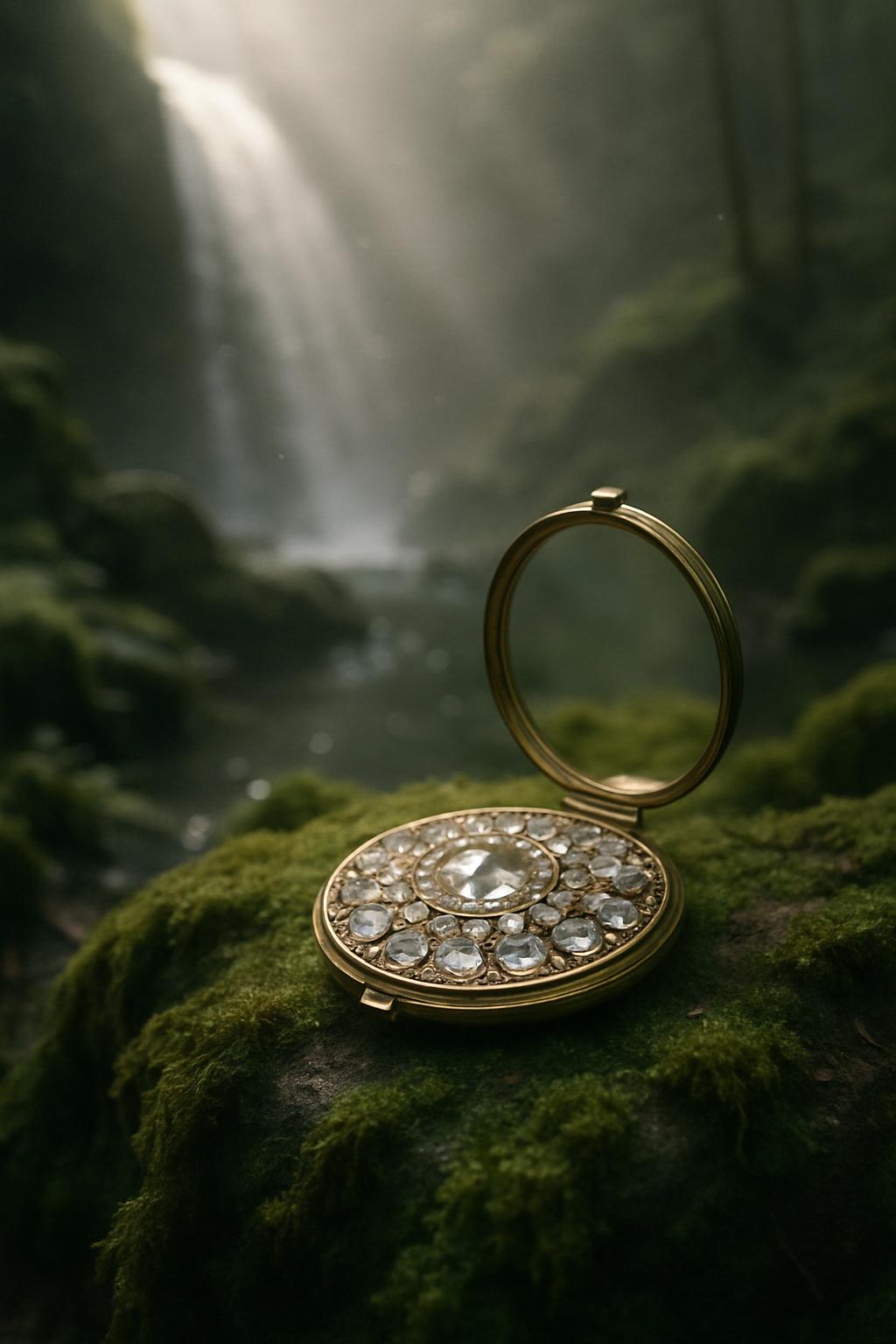 The image depicts an ornate, silver-coloured, hand mirror with gemstones decorating it. The mirror is propped open on a mo...