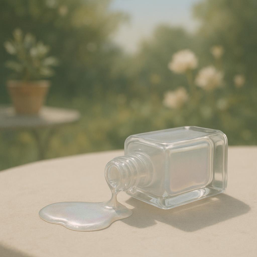 Transparent nail polish bottle, spilled on a circular table in a lush garden. Small white flowers are visible in the backg...